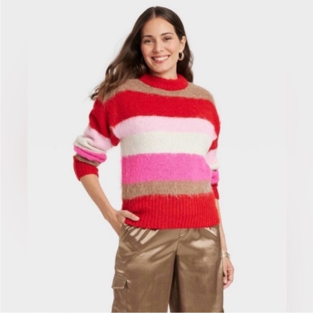 NWT a new day | Women's Red/Pink/Multi Wide Striped Fuzzy Long Sleeve Sweater, S